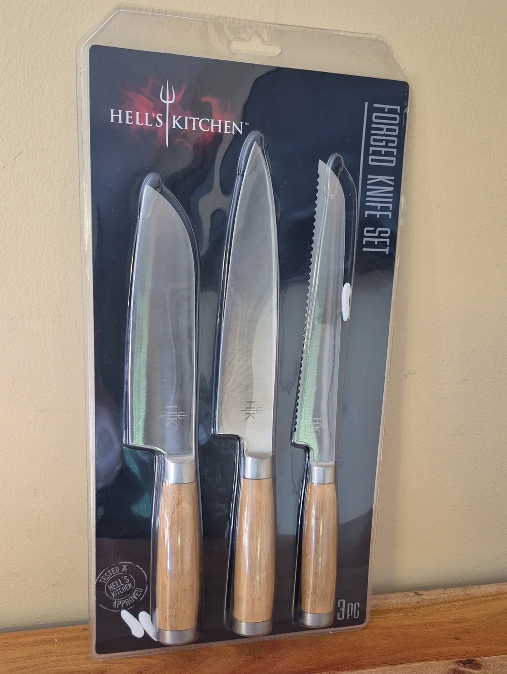 NEW Hell's Kitchen 3-Piece Wood Handle Forged Knife Set